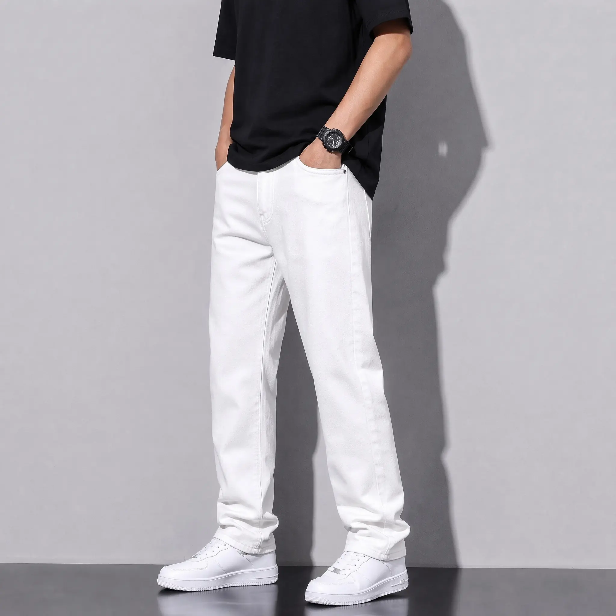 Men's Plain White Wide-Leg Stretch Denim Pants - Minimalist Retro-Inspired Casual Elegant Long Trousers, Oversized Baggy Fit, Drapey Cloud-Like Cotton Fabric, for City Boy Tee Outfits, Menswear Jeans, Chunky Street Wear