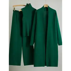 2025 newest suit high elasticity Women's loose suit, long wide-legged pants + shawl cardigan + turtleneck sweater fashion three-piece set Can be worn up to 70kg Suitable for female Can be used with raincoat��gift��