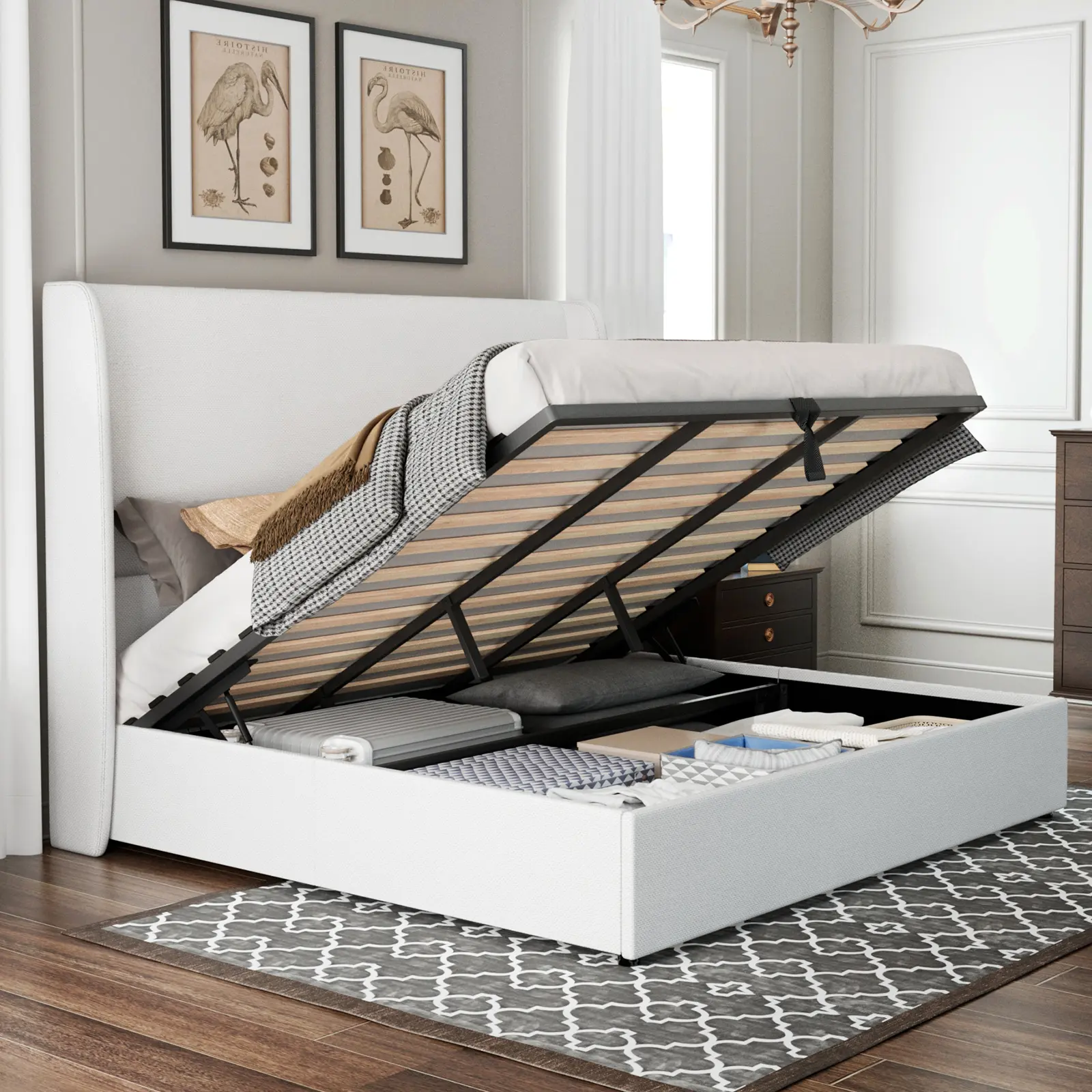 AMERLIFE Modern Lift Up Storage Bed with 52.1" Linen Upholstered Wingback Headboard, Platform Bed Frame with Large Underneath Storage Space/Hydraulic Menchies- King size(ships in 2 boxes)/Best Gift Ideas/Christmas Gifts[tiktokshopbacktoschool][SohoChic]