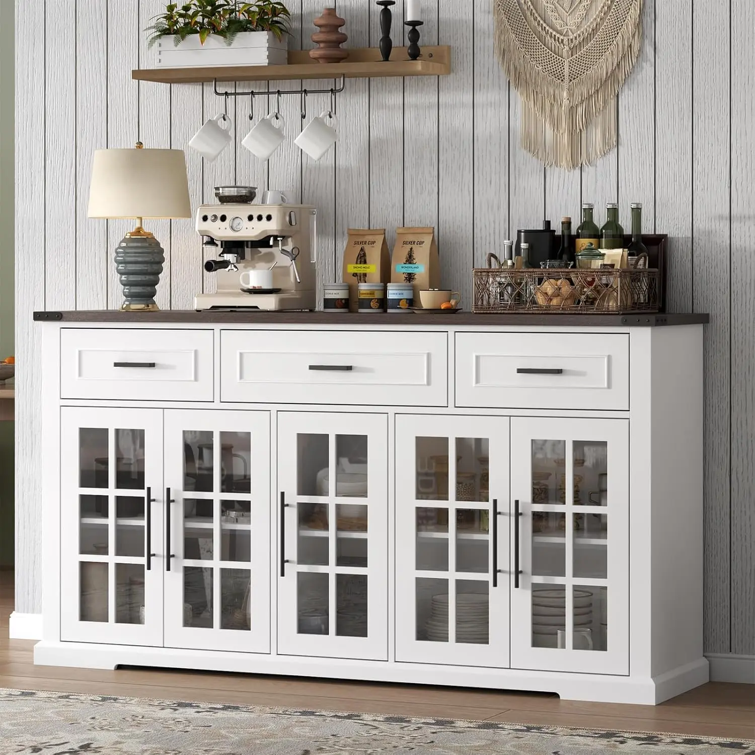 Gyfimoie Buffet Cabinet with Storage, 63" Large Sideboard Cabinet with 3 Drawers & 5 Glass Doors, Modern Farmhouse Kitchen Cabinet, Adjustable Shelf Freestanding Cupboard