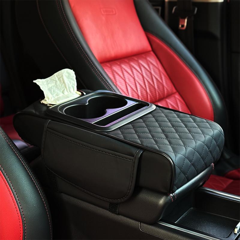 Car Armrest Cushion,5-in-1 Center Console Cover with 2 Storage Bags Cup Holder, Tissue Box Slot, Phone Slot for Sedans, Car Accessories Interior Organizers (Black)