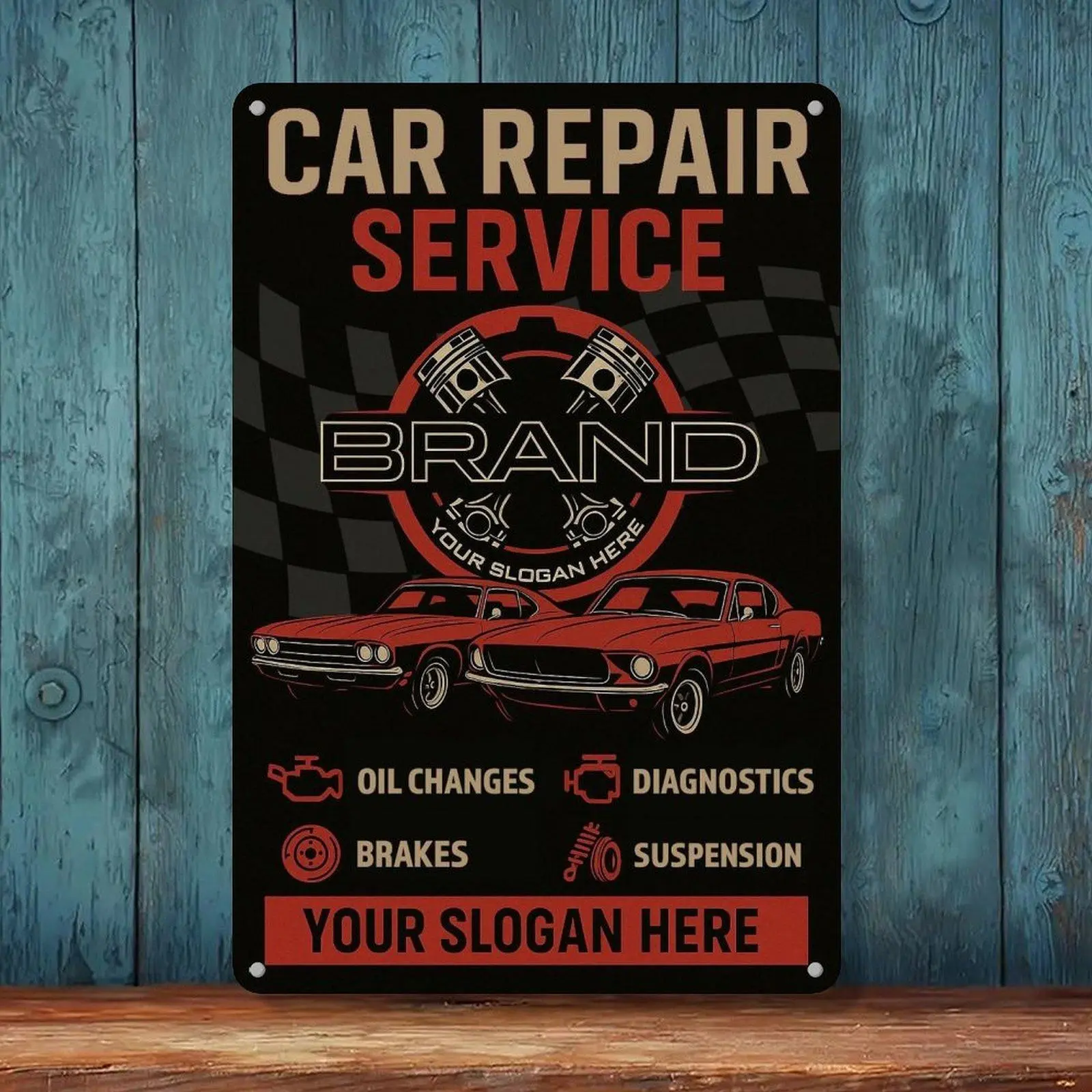Car Repair Service Classic Muscle Car Racing Checkered Flag Tin Sign 8x12in Auto Garage Shop Wall Decor Metal Tin Sign