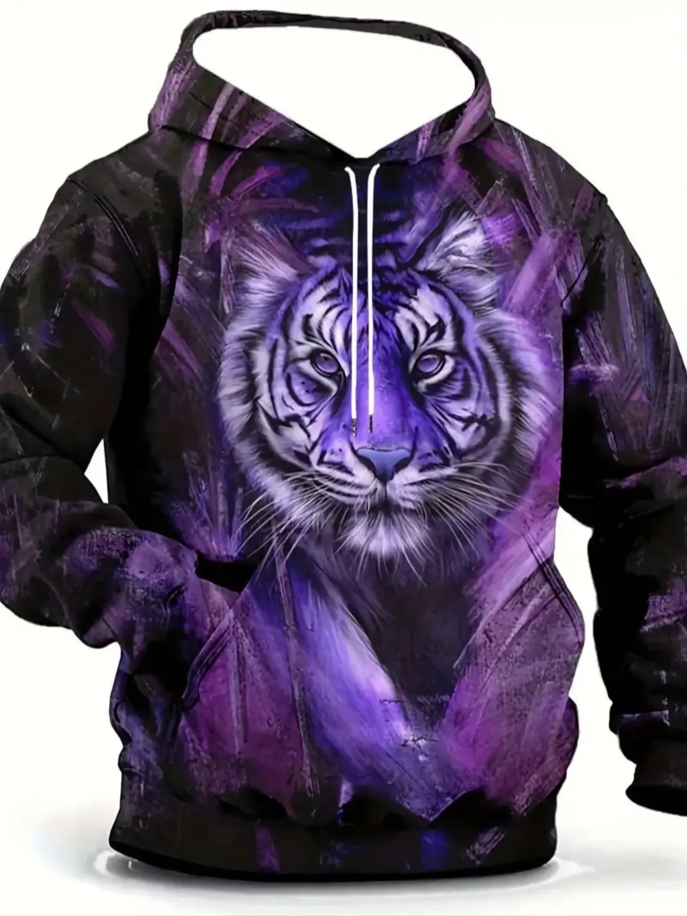 Men's Tiger Print Street Fashion Hoodie, Casual Fitted Design, Durable Polyester Fabric, Cosmic Inspired Style with Pockets, Graphic Print Hoodie, Casual Streetwear Hoodie