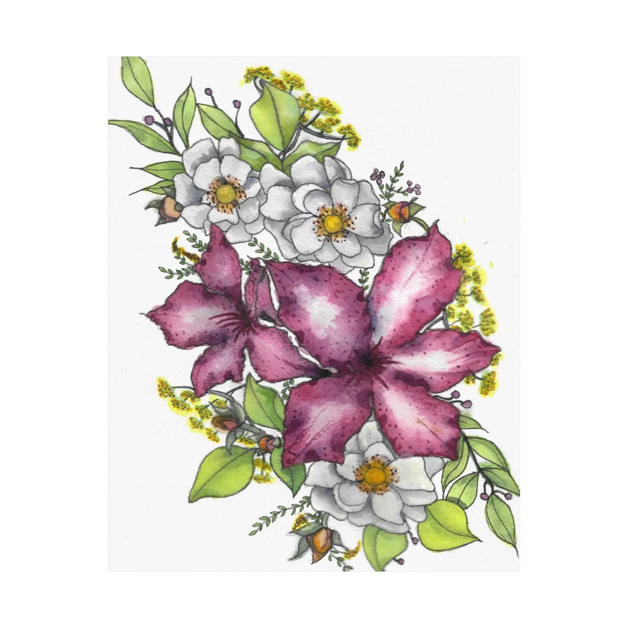 Floral Watercolor Poster | Pink Lily & White Blossoms Matte Vertical Print