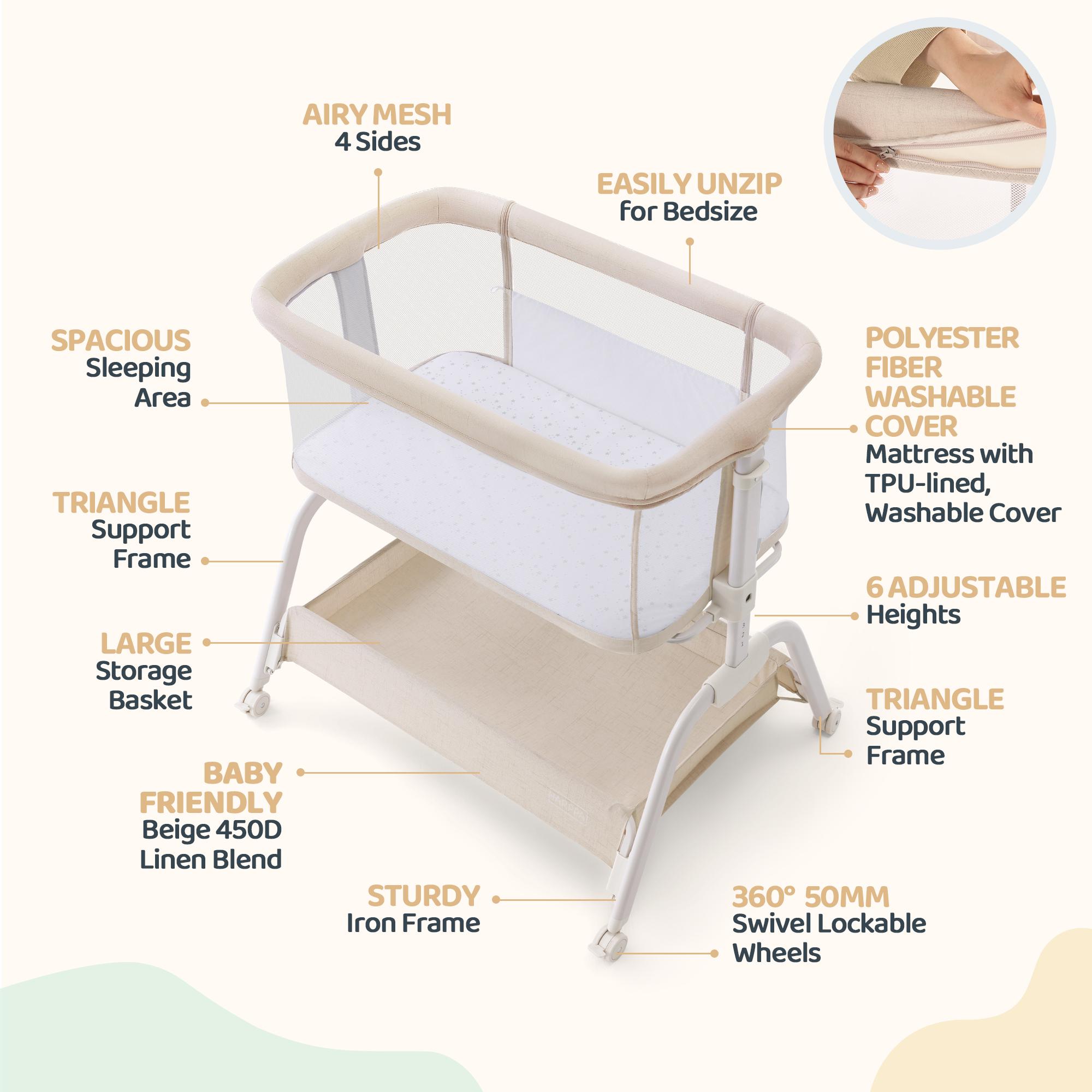 HARPPA Cuddly Lite 2-in-1 Baby Bassinet & Bedside Sleeper, storage Bassinet for Baby with Wheels & Storage Basket, Portable Crib, Breathable Mesh and Mattress, Height Adjustable