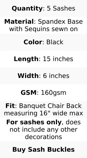 5 Pack Sequin Spandex Chair Sashes Black - Sparkly Stretch Chair Bands for Glamorous Events 6"x15"