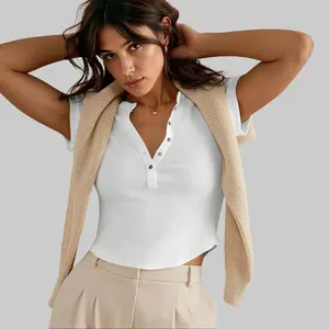 TANKANEO Womens Deep V Neck Low Cut Tops Summer Short Sleeve Henley Shirts Casual Ribbed Knit T Shirts