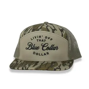 Livin Off That Blue Collar Dollar Hat - Camo Trucker Cap with Mesh Back and Leather Patch