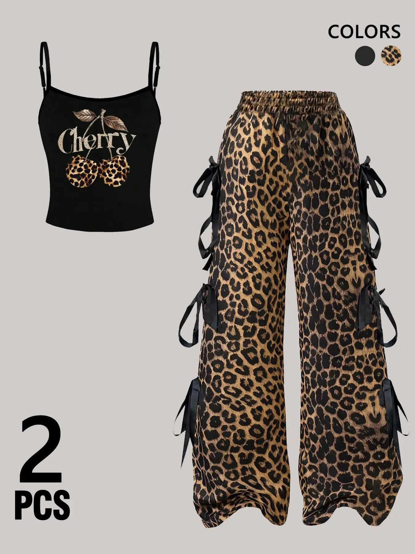 🔥TikTok Viral 2-Piece Leopard Cherry Cami & Wide-Leg Pants Set Y2K Aesthetic with Side Ribbon Ties, Trendy Casual Streetwear for Women | Available in White/Black/Grey | Perfect for Festival, Party & Daily Outfits | Shop Now for Bold Fashion Statement!