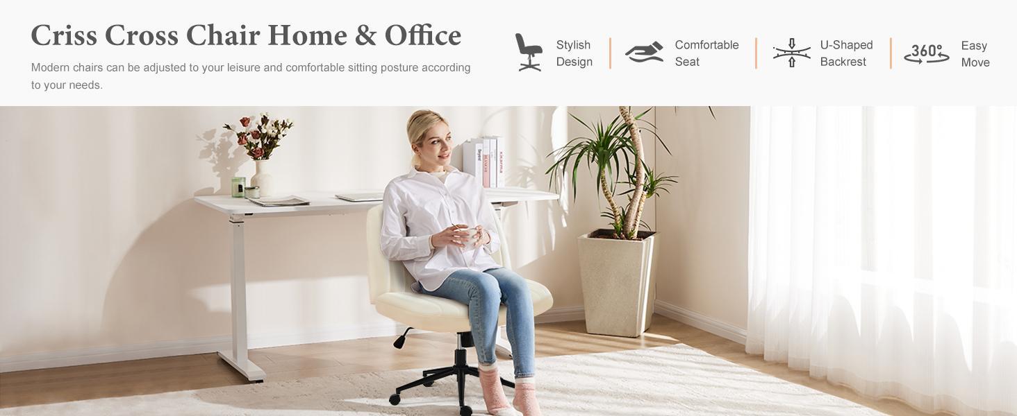 Criss Cross Office Chair, Chair with Wheels, Wide Armless Home Office Desk Chair with Dual-Purpose Base, Swivel Height Adjustable