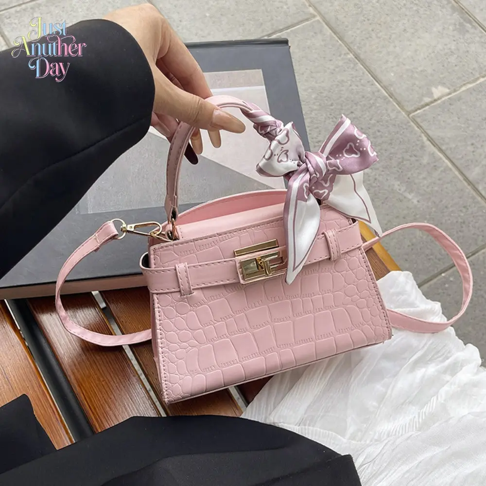 Pink Croc-Embossed Mini Kelly Style Handbag, Elegant French-Inspired Crossbody Bag with Twilly Scarf, Compact & Chic Satchel for Daily Commute