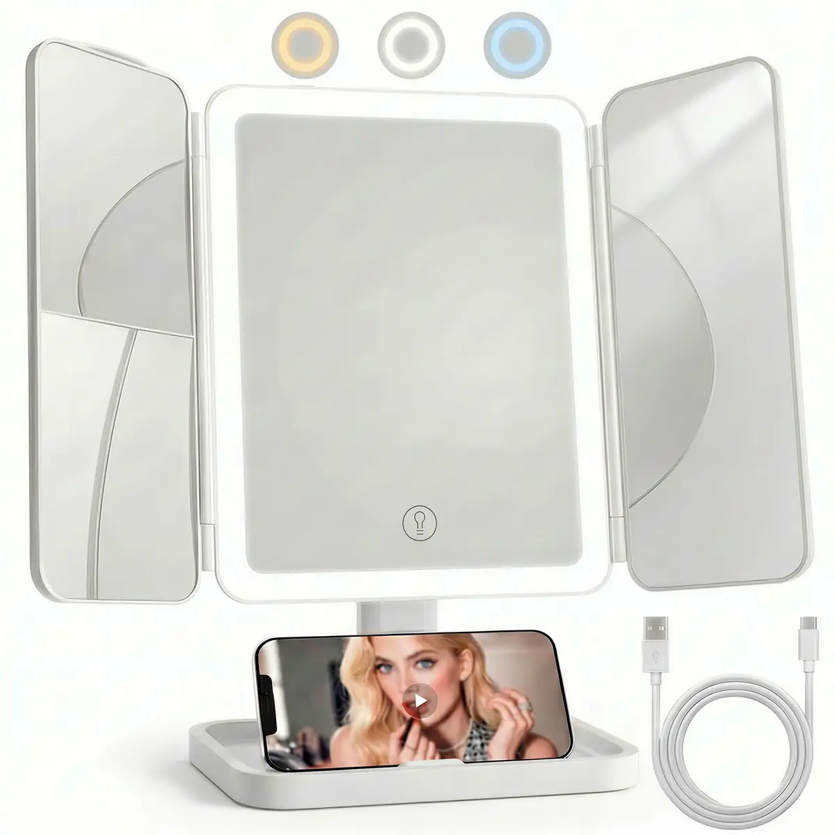 Elegant Height-Adjustable Foldable Transparent Trifold Tabletop Mirror with Built-in Seamless LED Light Strip, 1X/2X/3X Magnification, 4800mAh Rechargeable Battery, Dimmable 3-Color Lighting, Adjustable LED Desktop Mirror for Women's Gift, Adjustable Led