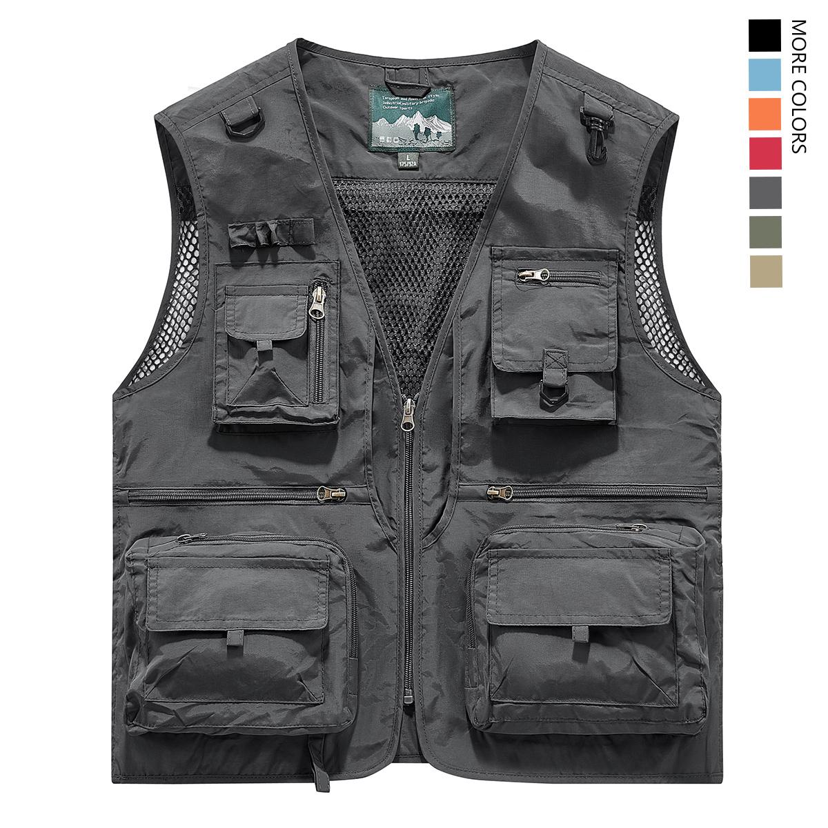 Men's Solid Color Lightweight All-Season Deep Cargo Vest Jacket with Multi-Pocket Outdoor Workwear for Fishing, Safari, Travel & Zippered Door Panels - Machine Washable (Vest & Jacket can be worn separately or together)