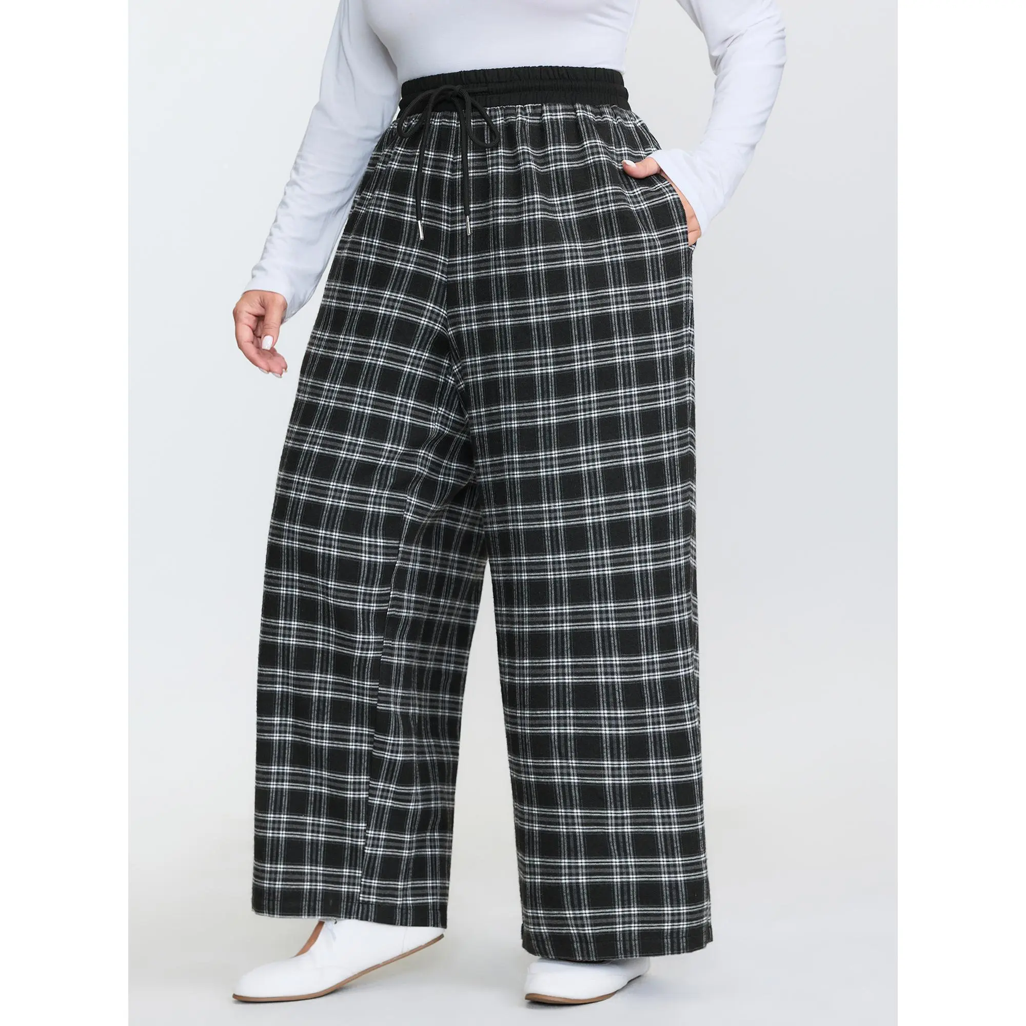 【Easter's Haul】【Baggy】Bloomchic Grid Pattern Contrast Drawstring Pants