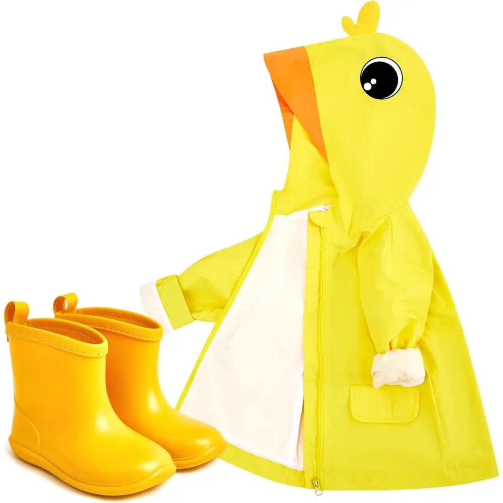 Kids' Cute Yellow Duck Print 2-Piece Set - Hoodie-Zipper Jacket & Waterproof Short Rain Boots, Outdoor Gear for School, Two Piece Set