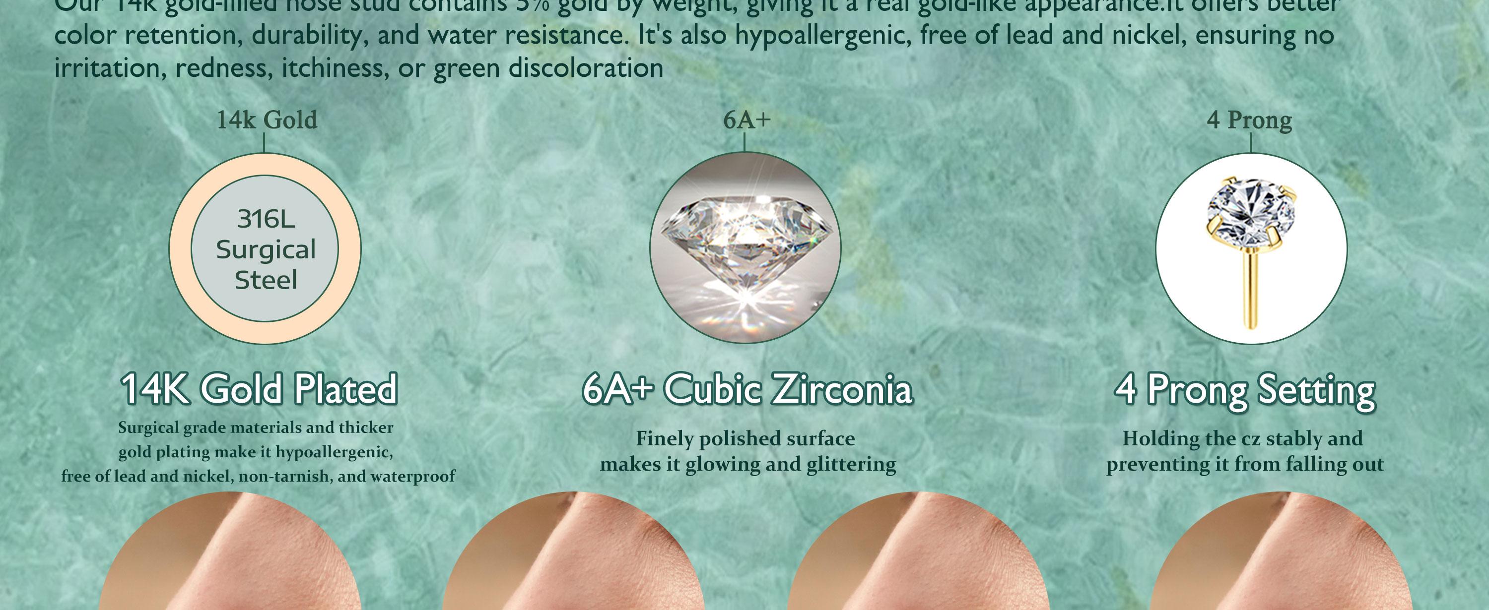 ORAZIO 14K Gold Filled Hypoallergenic Surgical Steel Nose Rings for Women & Men 12Pcs Set with 8CZ Studs & 4Hoops 18G/20G/22G Perfect for Multi Piercing Jewelry