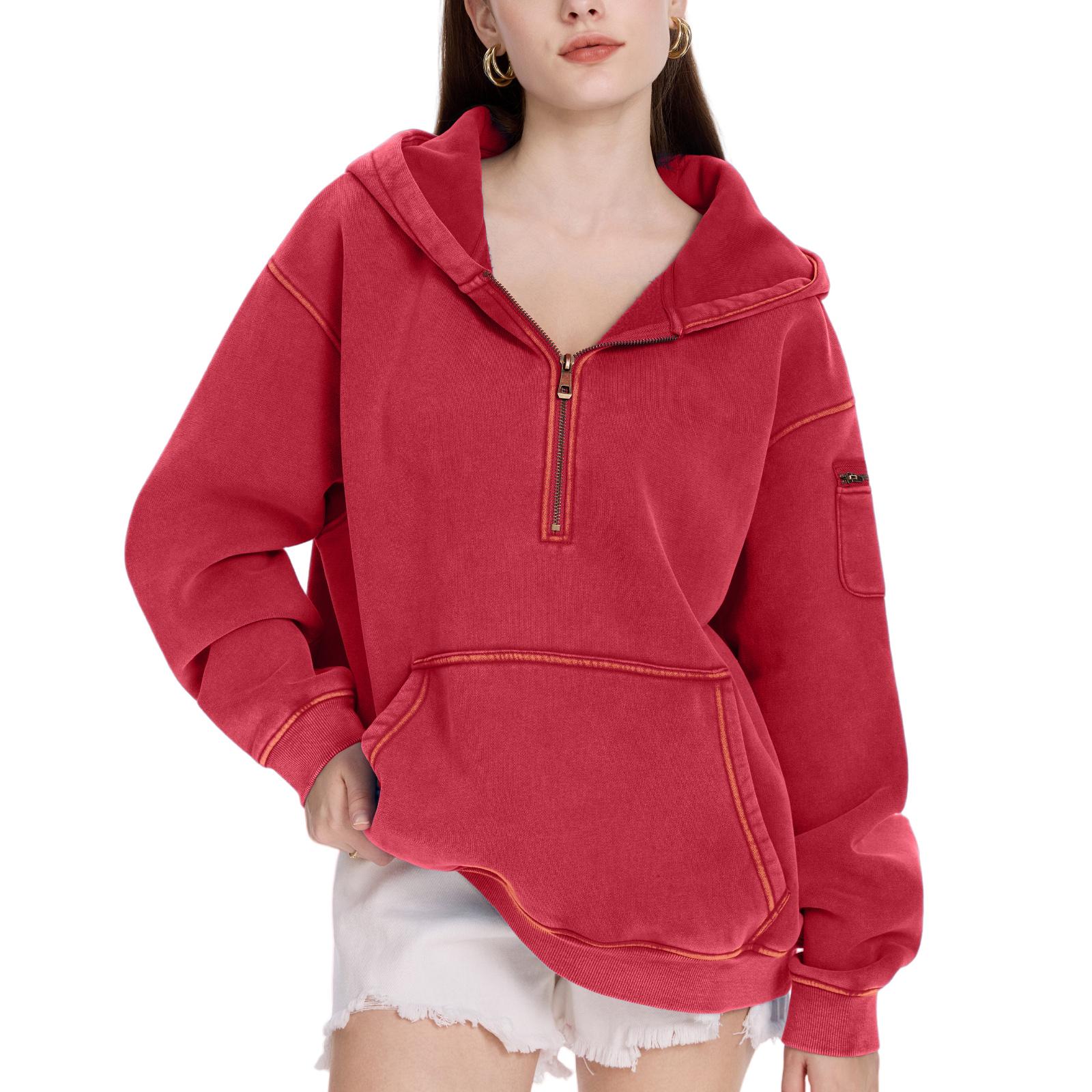 FAIABLE Hoodies Vintage Acid Washed Heavyweight Fleece Half Zip Unisex Hoodie for Women with Kangaroo Pocket & Earbud Sleeve Pocket Casual Aesthetic Streetwear Style Essential Comfort Hoodies SpringStatements
