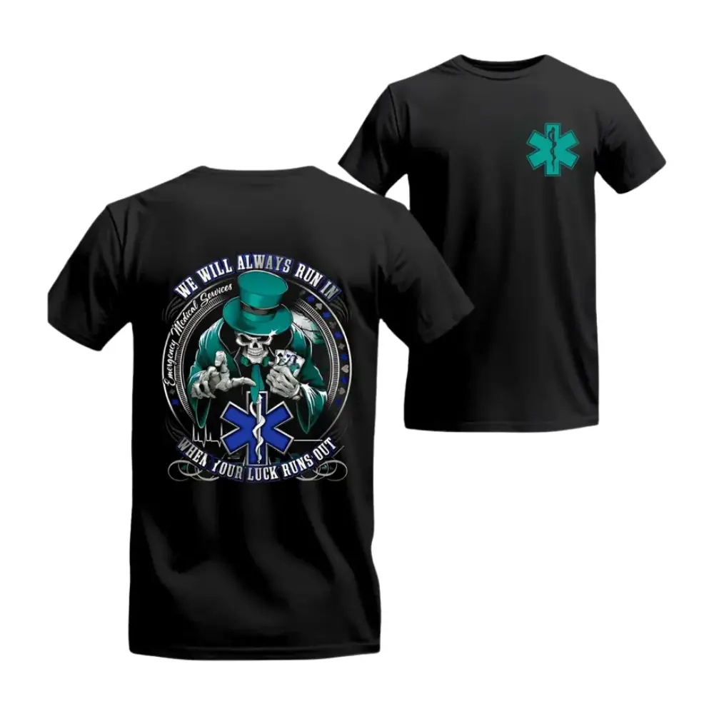 Grim Reaper EMT T-Shirt, Skeleton in Top Hat Star of Life Graphic, EMS Responder Graphic Shirt for Paramedics & Trauma Medics, Gift for Emergency Workers Who Run In