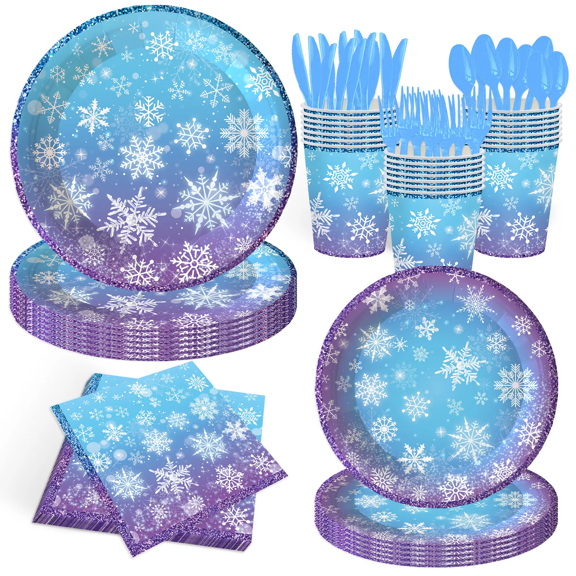 140Pcs Winter Party Decorations Snowflake Plates and Napkins Blue and Purple Snowflake Winter Party Supplies Tableware Set for Christmas Winter Birthday New Year Party Decorations, Serve 20 Guest