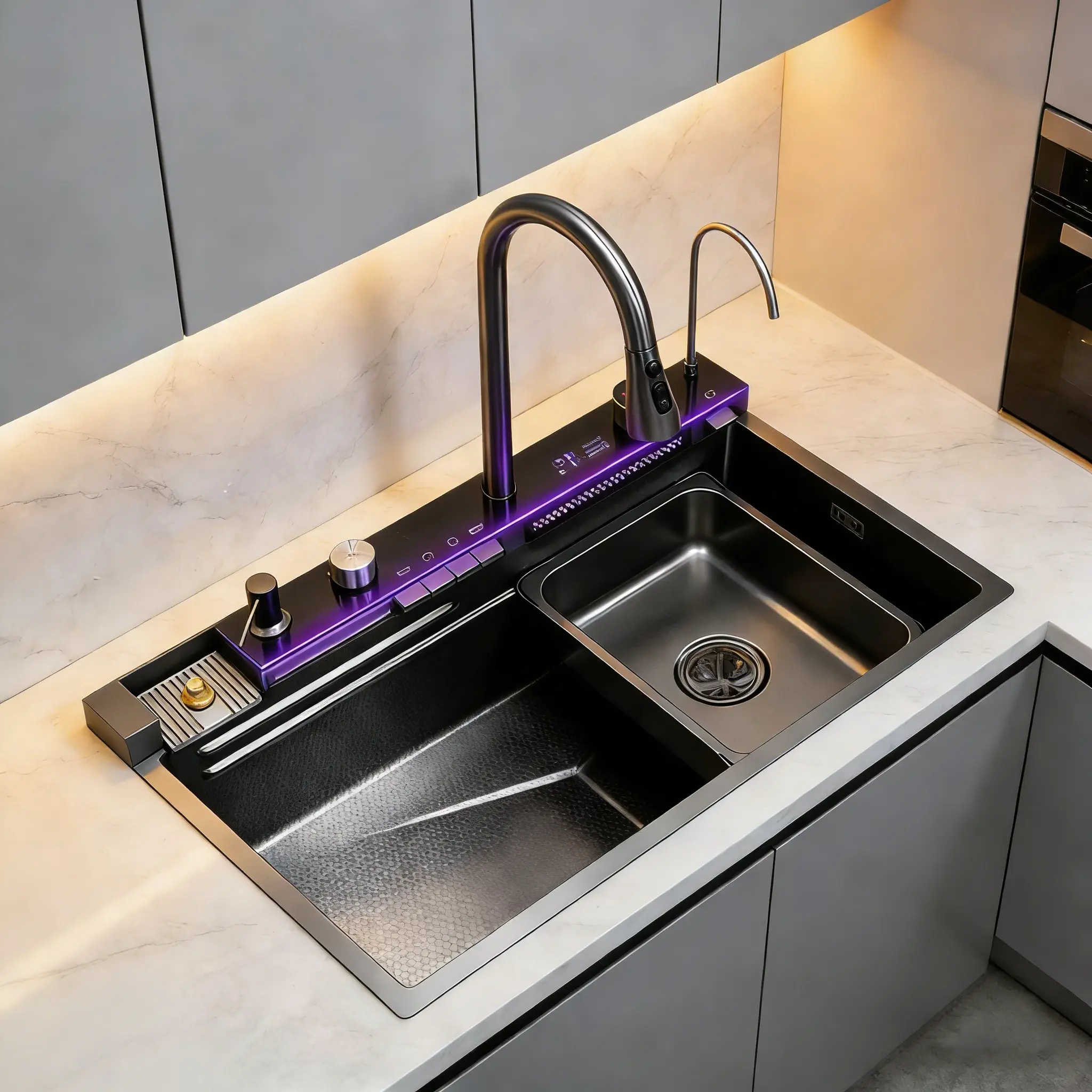 30-Inch Stainless Steel Smart Workstation Kitchen Sink Complete Kit with Kitchen Sink Accessories, Digital Display, Water-Powered Piano Key Control, Energy-Efficient Multi-Mode Pull-Out Faucet, Honeycomb Coating, Cup Washer, US Garbage Disposal Compatible