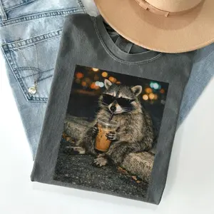 Comfort Colors Funny Raccoon Drinking Iced Coffee T-shirt, Animal Meme Graphic T-shirt Gift For Him Or Her