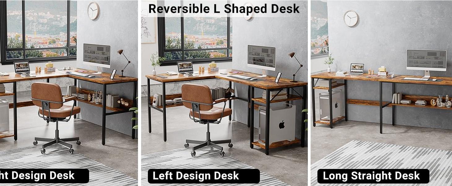 Unikito Reversible L Shaped Desk with Magic Power Outlets and USB Charging Ports, Sturdy Corner Computer Desk with Storage Shelves, Gaming Desk for Home Office, Easy to Assemble, Black Oak