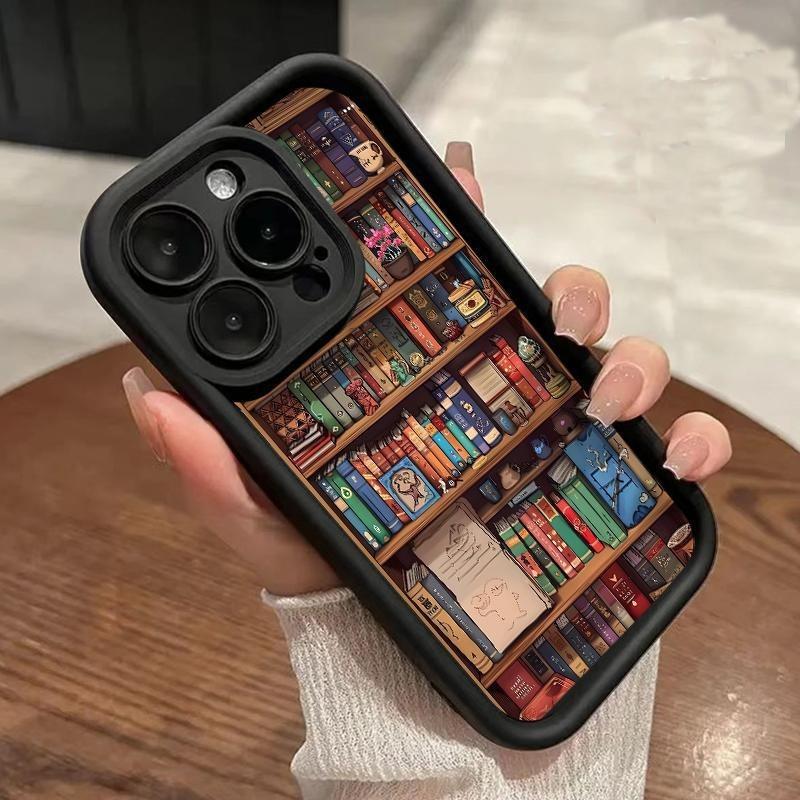 Cartoon Bookshelf Pattern TPU Phone Case for iPhone 16 15 14 Pro Max 13 12 Shockproof Non Slip Military-Grade Protective Silicone Cover