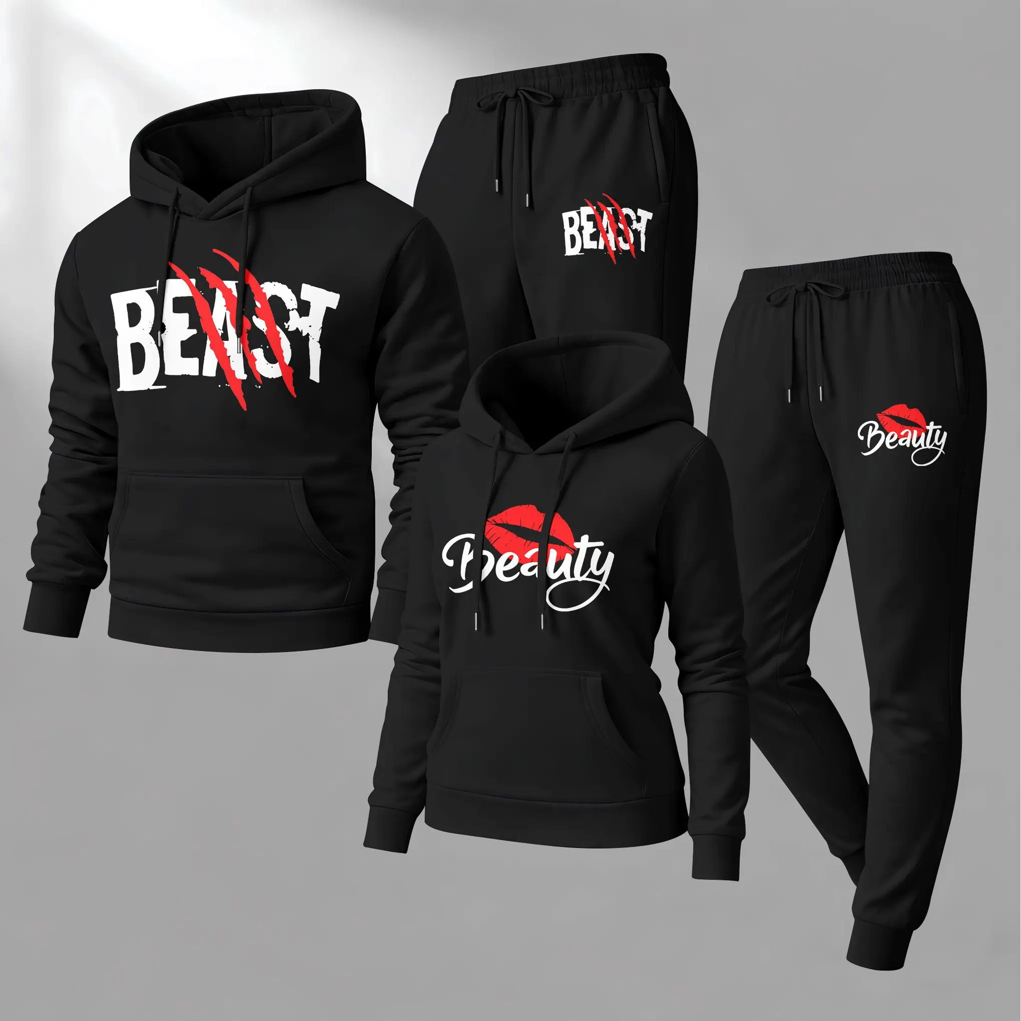 Men's 2-Piece 100% Polyester "Beast" & "Beauty" Letter Print Long Sleeve Hoodie & Sweatpants Workout Set, Unisex Streetwear Tracksuits, Athletic Activewear for Autumn-Winter Use, Streetwear Tracksuit Set, Athletic Activewear Tracksuits