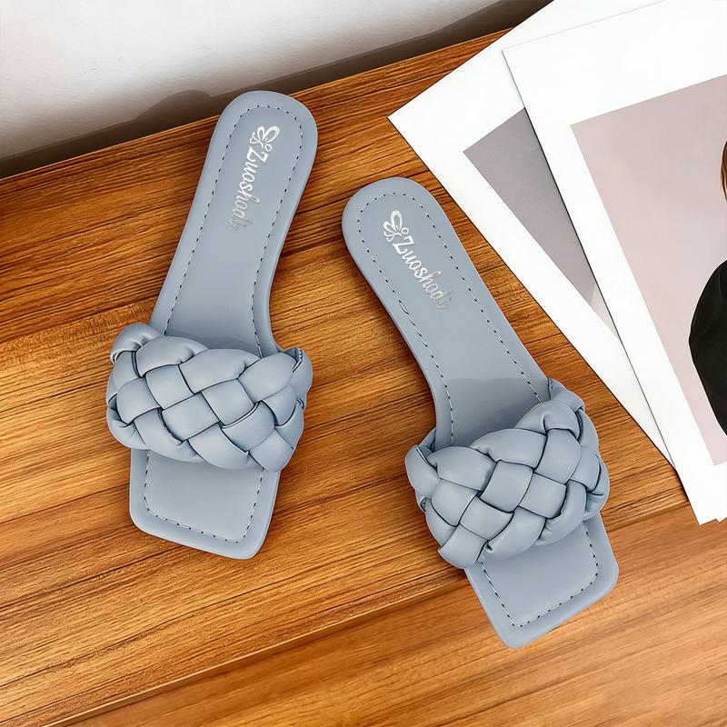 Breathable Fashion Square Toe Slide Sandals Women Woven Open Toe Flat Sandals Non-Slip Lightweight Casual Summer Footwear