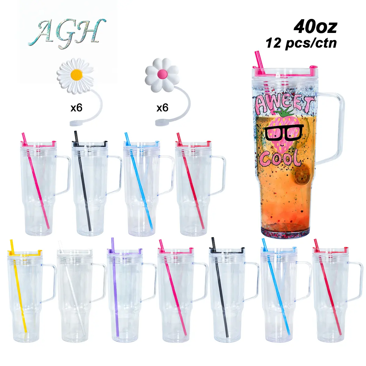 AGH 12pcs 40 oz Double Wall Acrylic Handle Reusable Tumbler Snow Globe  Double-Wall Plastic Cup with Silicone Straw Topper/Cover for Glitter DIY  UVDTF Gift Drinkware - TikTok Shop