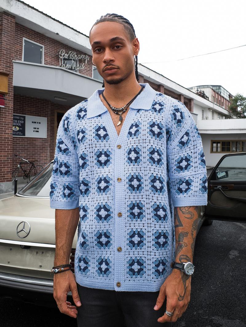 Men's Summer Cool Knitted Short-Sleeve Shirt Baby Blue Boho Vacation Casualwear Loose Fit Collared Button Closure All-Over Print