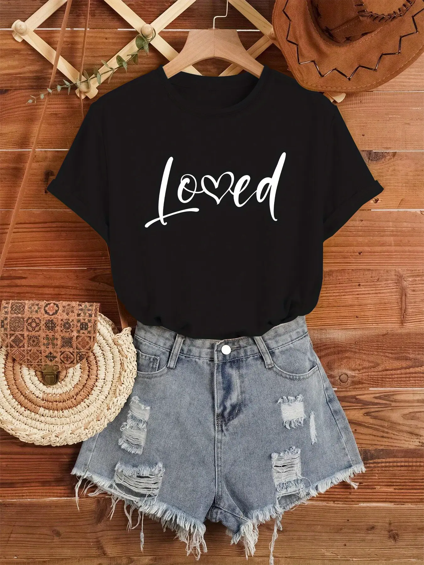Women's Casual Short-Sleeve T-Shirt - Lady Style Cotton Breathable Round Neck Top, Teal Geometric Pattern & "Love" Font Heart Design, Machine Washable for Outdoor & Daily Wear, Shortsleeve, Tshirt