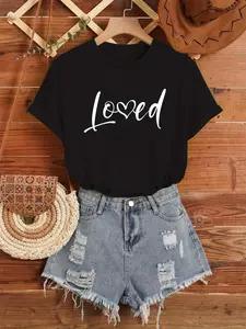 Women's Casual Short-Sleeve T-Shirt - Teal geometric pattern & "Love" font heart design, cotton breathable round neck for all seasons, machine washable for outdoor & daily wear, universal fabric