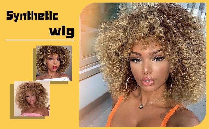 Xinran 14-inch Blonde Curly Synthetic Wig Brown Mixed Gold Afro Wig for Black Women Heat Resistant Everyday Wear Brown to Gold Style