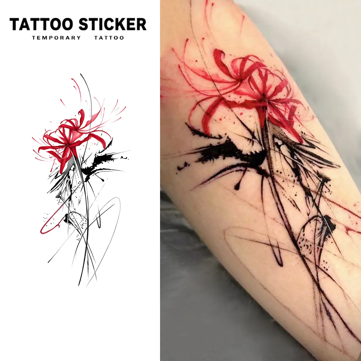 2 PCS Long Lasting Asian Ink Painting Lycoris Spider Lily Tattoo Stickers Red Floral Brush Stroke Dark Aesthetic Waterproof Sweatproof Vertical Arm Temporary Body Art For Women Girls