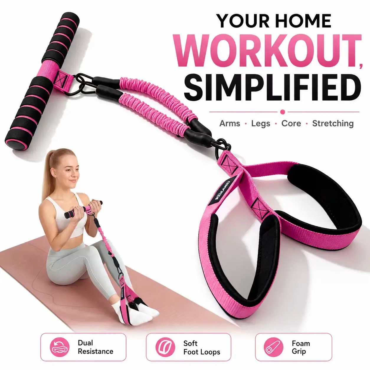 Compact Rubber Pedal Resistance Band - Unisex Dual-Cord Functional Strength Exercise Band with Padded Pedal Loops, Foam Handles - Home Gym Muscle Training Gear for Full-Body Workouts, Sit-Ups