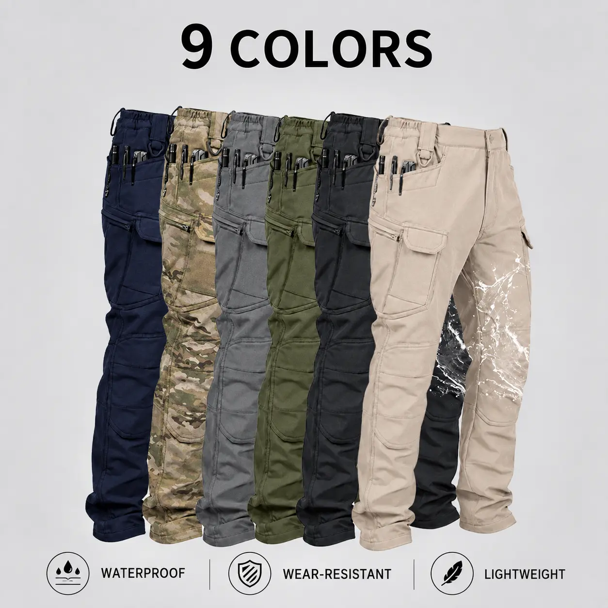 Men’s solid-color tactical work pants, 230 g/m² new fabric, with multiple pockets and zipper closures; durable outdoor training pants available in multiple colors—ideal for fishing, work, and camping; suitable for spring and autumn wear.