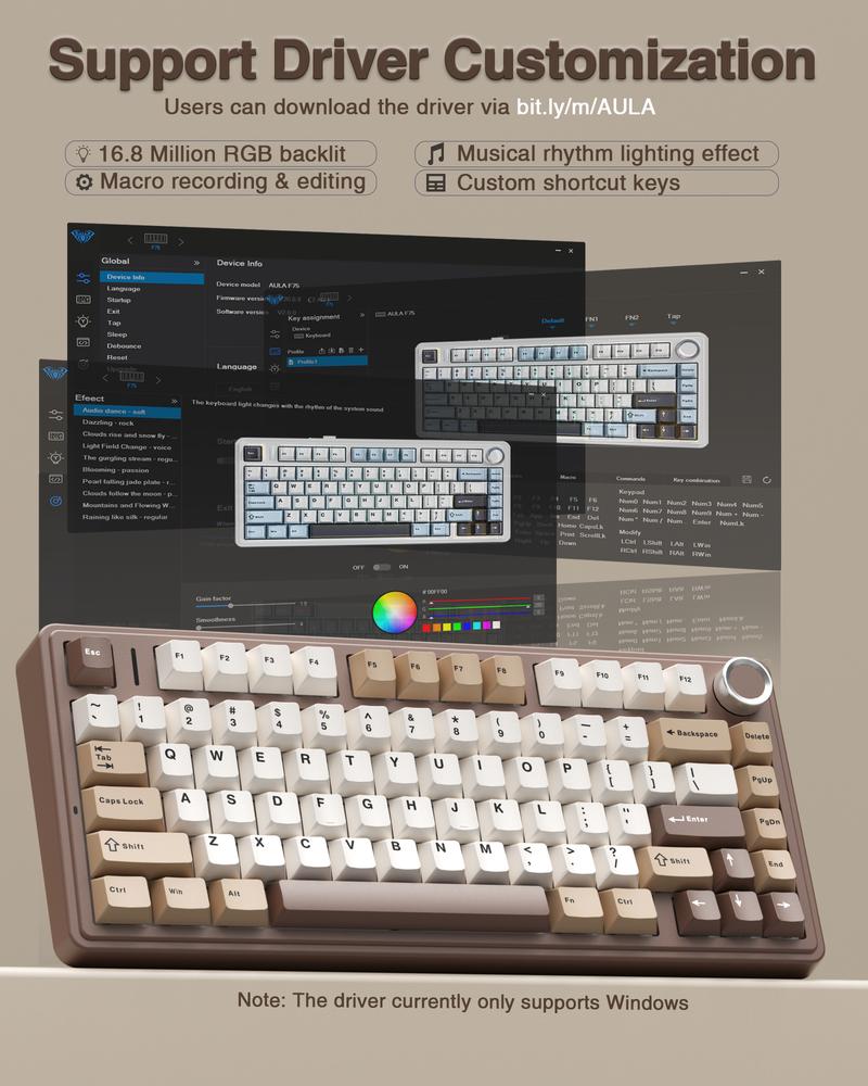 Aula F75 Mocha Brown 75% Wireless Mechanical Gaming Keyboard Pre-lubricated Linear Switches Tri-Mode Connection Hot-Swappable (3/5-Pin), RGB Backlight Volume Knob Creamy Sound Budget Keyboard