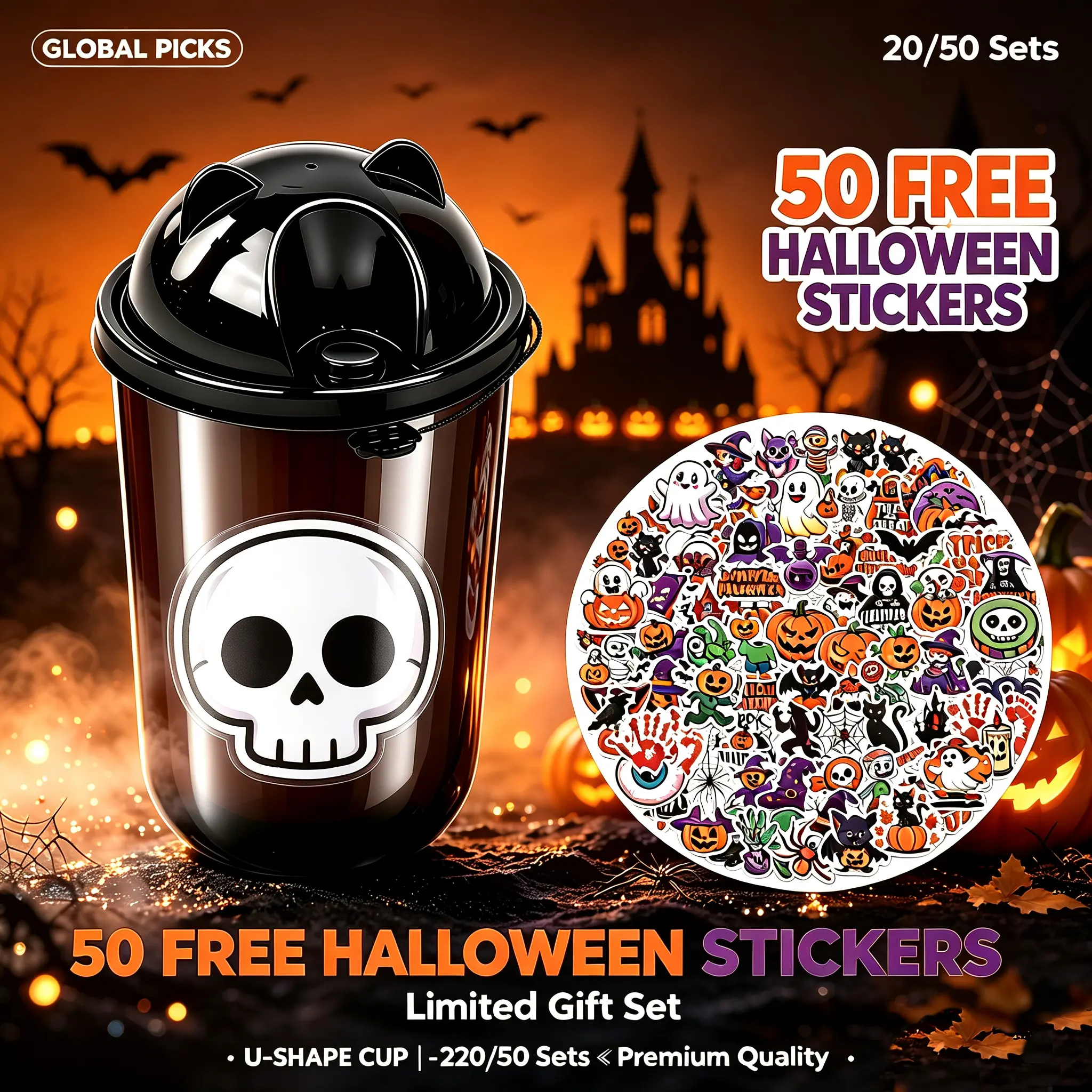 Disposable Plastic Cold Drink Cups with Lids, Straws and 50 Stickers - 50 Total Pieces, 98mm Rim (24/16/12oz×10 Each), 90U Rim (16oz Clear/Black×10 Each) for Bubble Tea, Ice Coffee