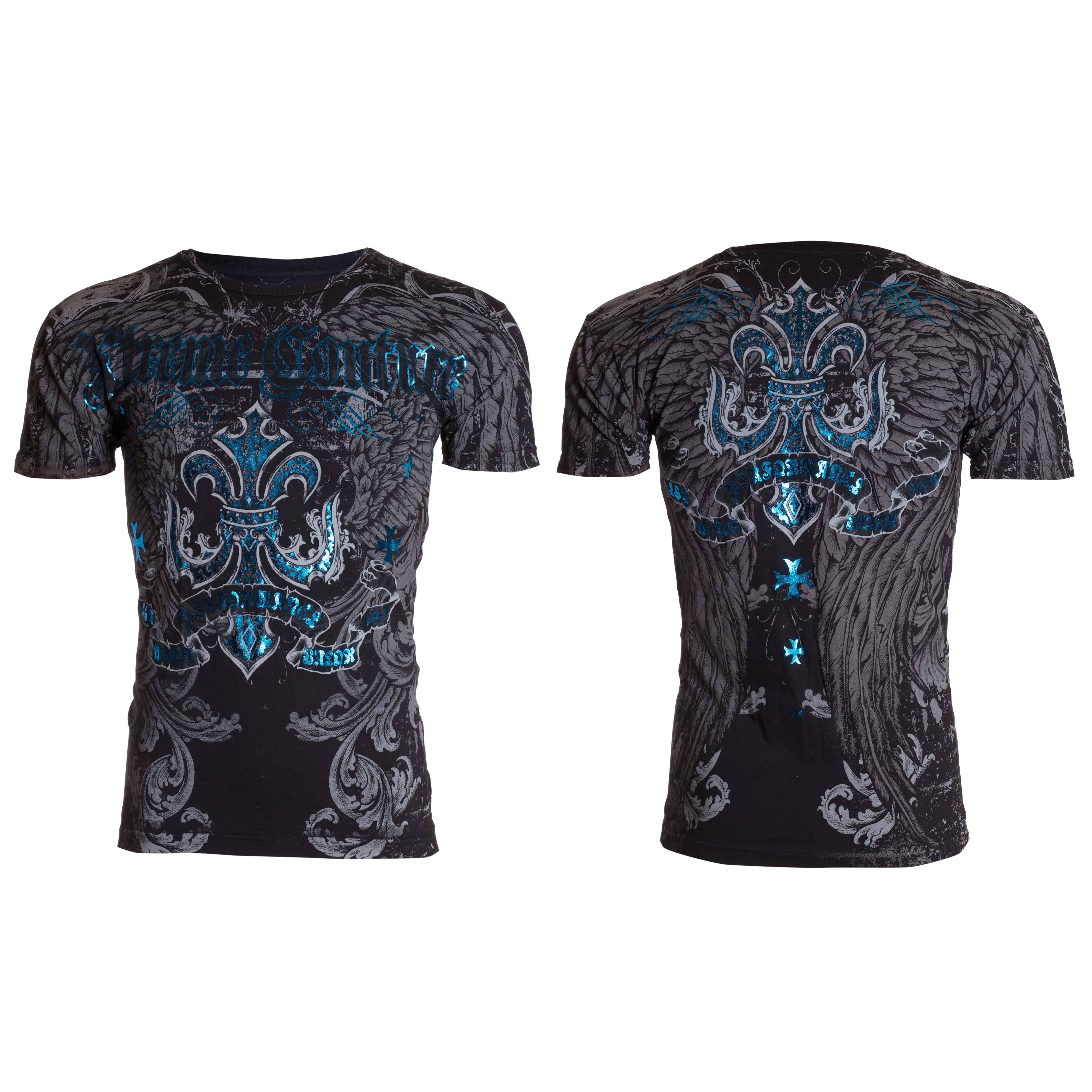 Xtreme Couture Men's 100% Cotton Streetwear Top, Sandstone Black Goth Style Round Neck with Front and Back Graphic Print, Tshirt, Casual Goth, Crew Neck, Menswear, Casual Fit, Fitted Cut, Streetwear Edge, Biker, Gothic, Shortsleeve, Gothic Biker