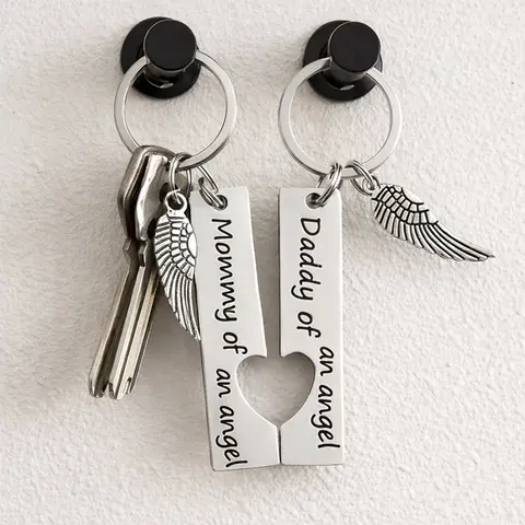 Angel Wings Memorial Keychain Set-“Mommy of an Angel & Daddy of an Angel” Matching Remembrance Keychains, Sympathy Gift for Bereaved Parents