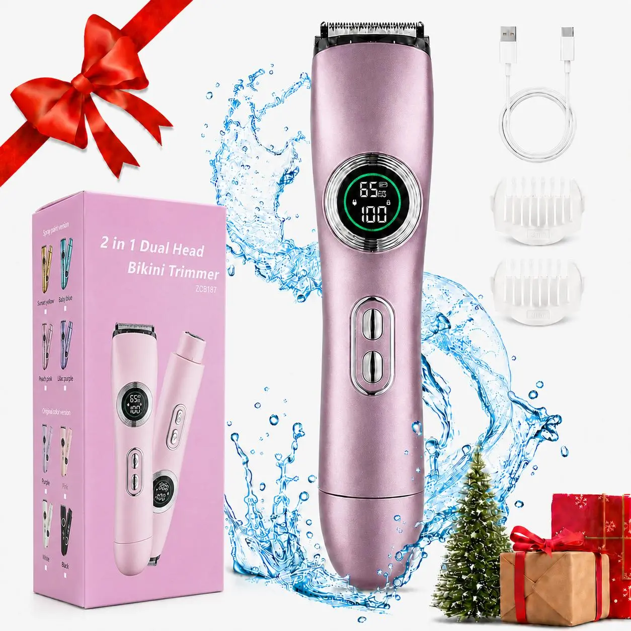 Bikini Trimmer for Women, Electric Shaver and Razor Rechargeable 2-in-1 Body and Facial Epilator, Dual Heads for Painless Trimming of Pubic Hair, Face, Underarms and Legs,  Christmas Gift New Year Gift Shaving Grooming groomer