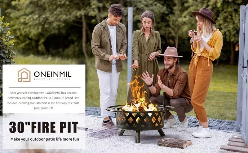Aoxun 2 in 1 Fire Pit with Grill 30'' Wood Burning Outdoor Fire Pits Outside with Metal BBQ Grill Spark Screen Poker for Patio Backyard Garden 360° Adjustable Grill Airflow Design - Exterior