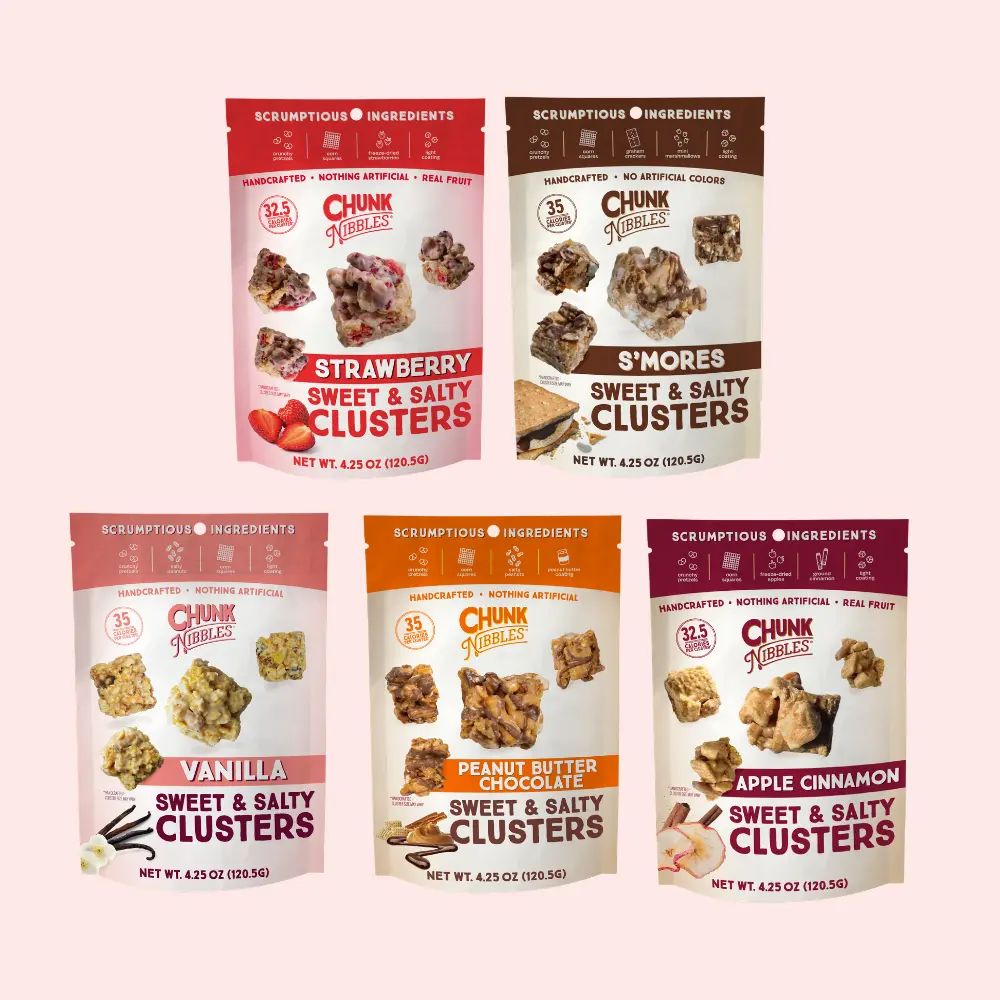 Chunk Nibbles Snack Clusters Snack Bundle | 5 Unique Flavors - Peanut Butter Chocolate, S'mores, Vanilla, Apple Cinnamon, Strawberry | 4.25oz Bags | Sweet & Salty Cluster Bites