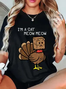 100% Cotton Thanksgiving Turkey Cat Meow Funny Women Men Girls Boys T-Shirt