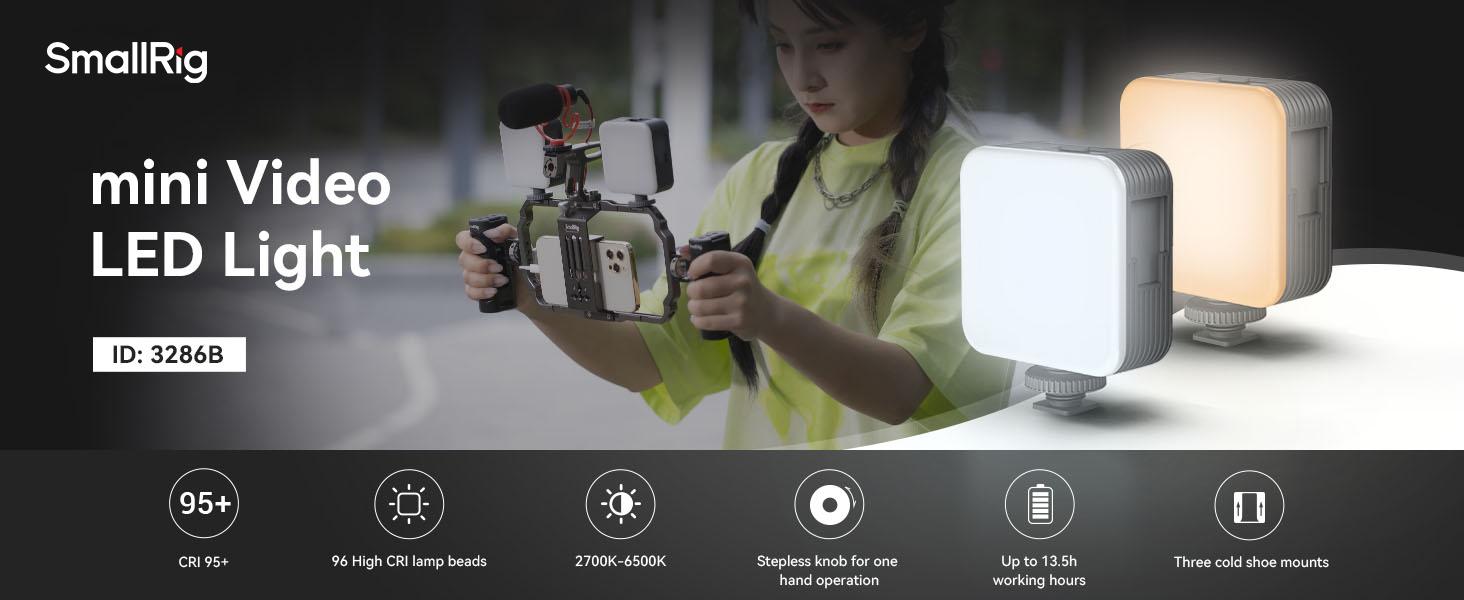 SmallRig P96 LED Mini Ring Light, Video Light,96 LED beads for Photography Video Lighting, Rechargeable 2200mA CRI 95 + 2700-6500K w 3 cold shoes Christmas gifts 3286B