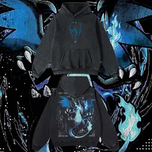 AnimeClothing Limited Blue Fire Dragon  - Pokemon#1 anime Hoodie Tshirt Acid Washed Heavyweight Cotton Tshirt, 100% Cotton retro Washed anime t-shirt, vintage streetwear tee, Y2K graphic top