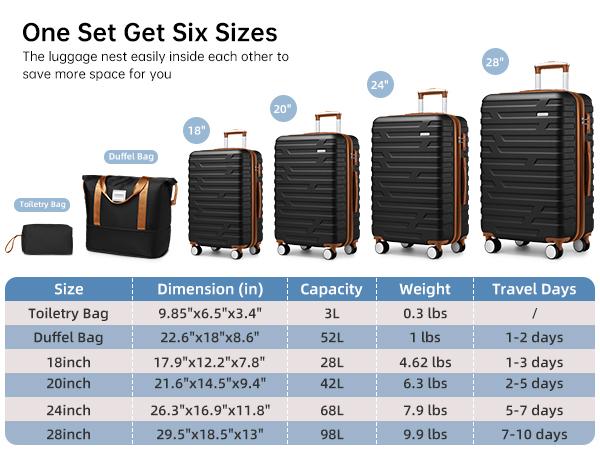 High Quality 6 Piece Expandable Travel Set Brand New Hard Shell Luggage Set Universal Wheels TSA Lock 18 20 24 28 Inch Includes Luggage Bag Wash Bag carry  Luggage