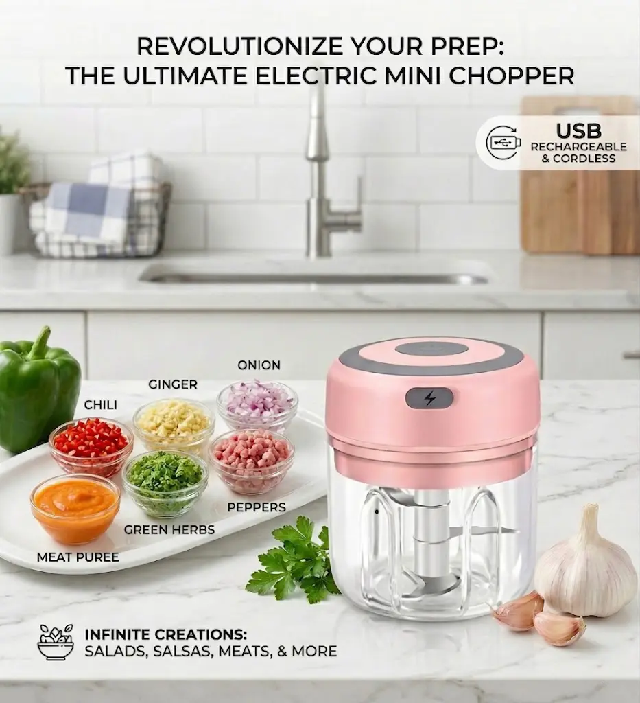 GMOX Electric Mini Food Chopper - USB Rechargeable, Portable, Stainless Steel Blade, BPA-Free, 1-Touch Chop/Mince, 250ml, Easy-Clean Multi-Function Processor (Office Equipment Part) for Home Cooks, Small Kitchen Use