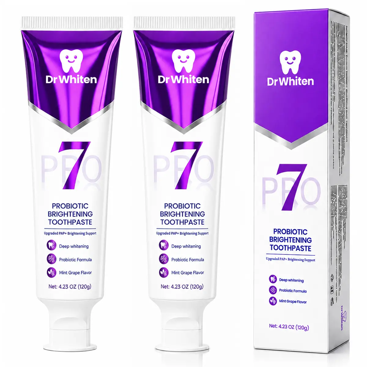DrWhiten New 7-Pro Probiotic Purple Toothpaste | Fresh Breath & Color-Correcting Formula | Helps Balance Yellow Tones | Fluoride-Free | Mint Grape Flavor | 4.23 oz